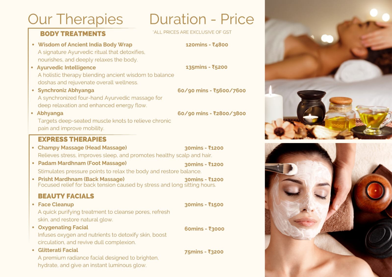 Basic body massages, signature body massages, and body envelopment menu