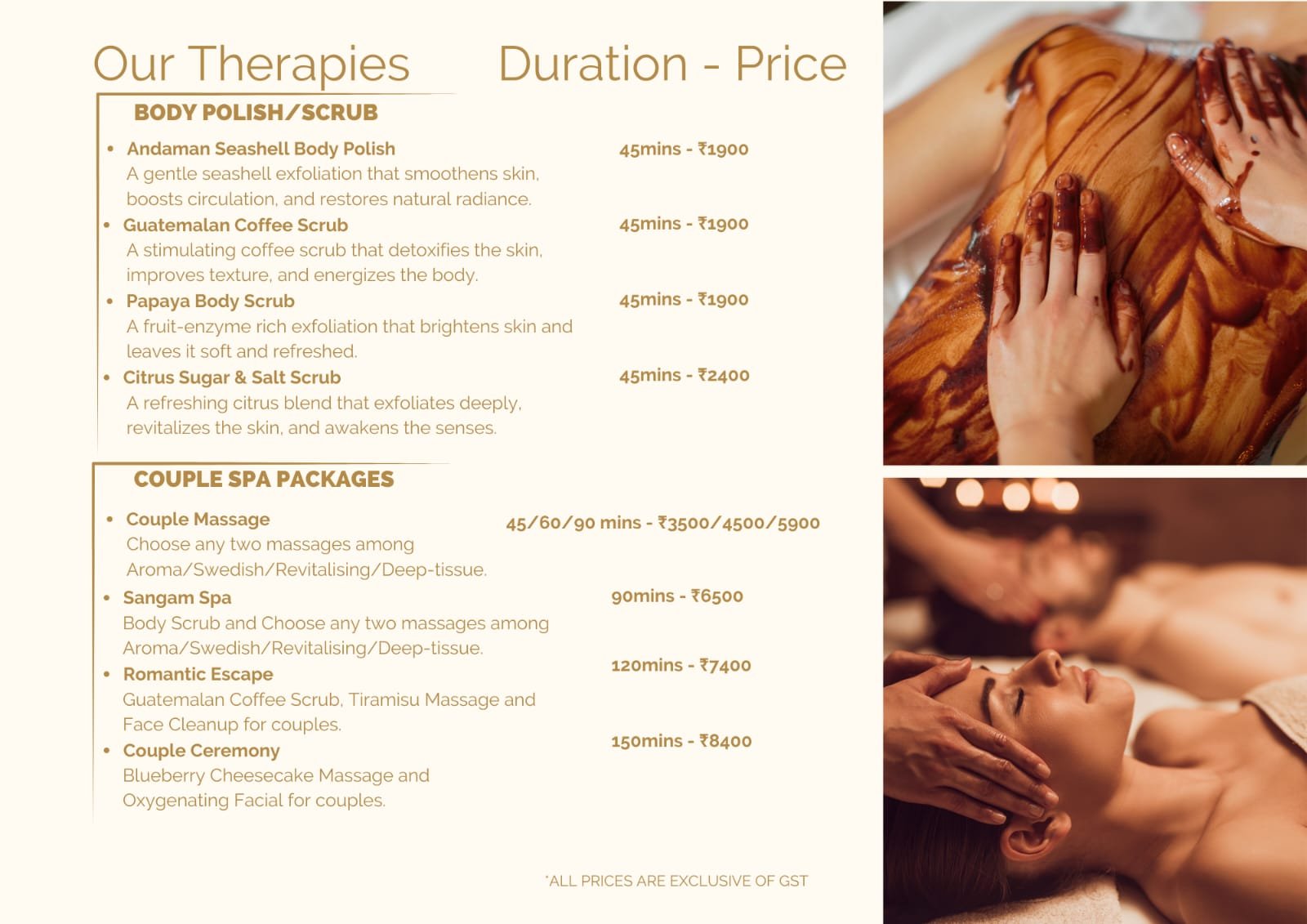 Body treatments, express therapies, and beauty facials menu