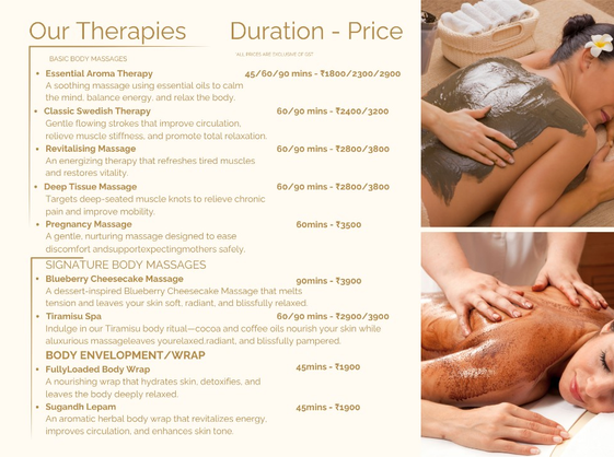 Basic body massages, signature body massages, and body envelopment menu