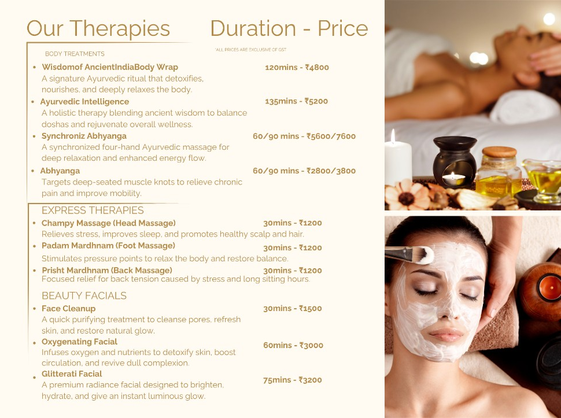 Body treatments, express therapies, and beauty facials menu