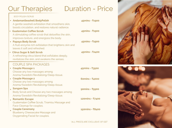 Body polish and scrub, and couple spa packages menu